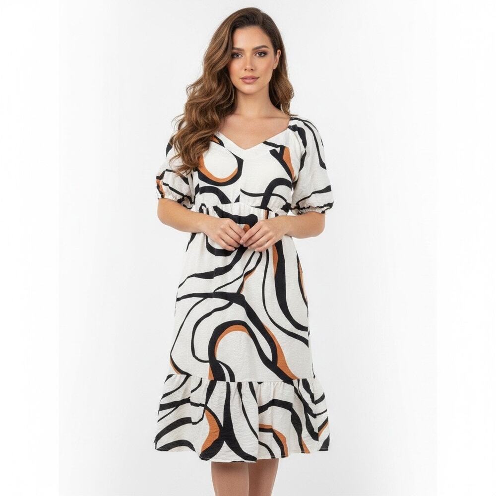 Nine West Abstract Puff Sleeve Midi Dress 2X Cream Smocked Boho Empire Cottage